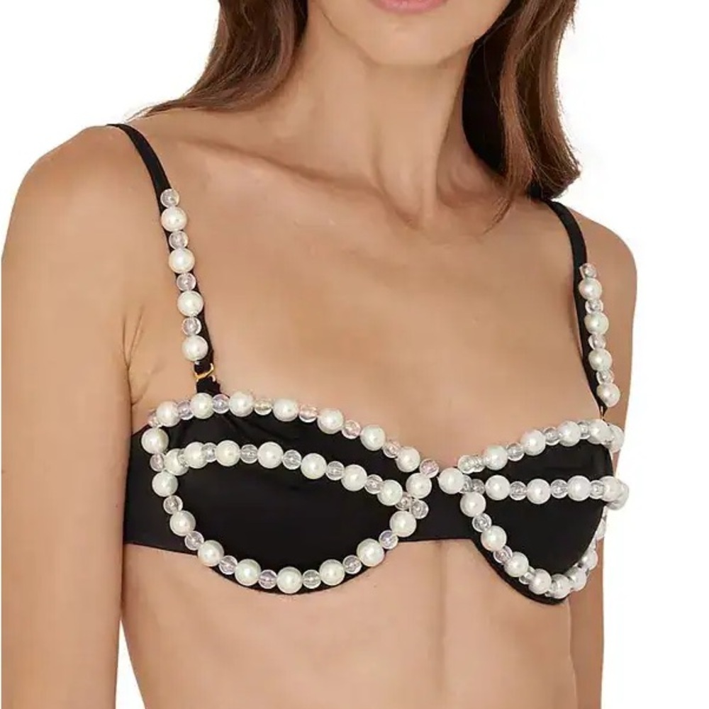 Black Pearl-Embellished Bikini Top